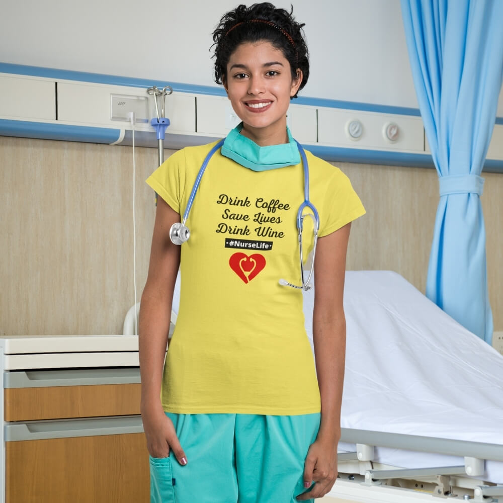 Drink Coffee, Save Lives, Drink Wine Slim Fit Nurse Life T-Shirt for Nurses - Yellow