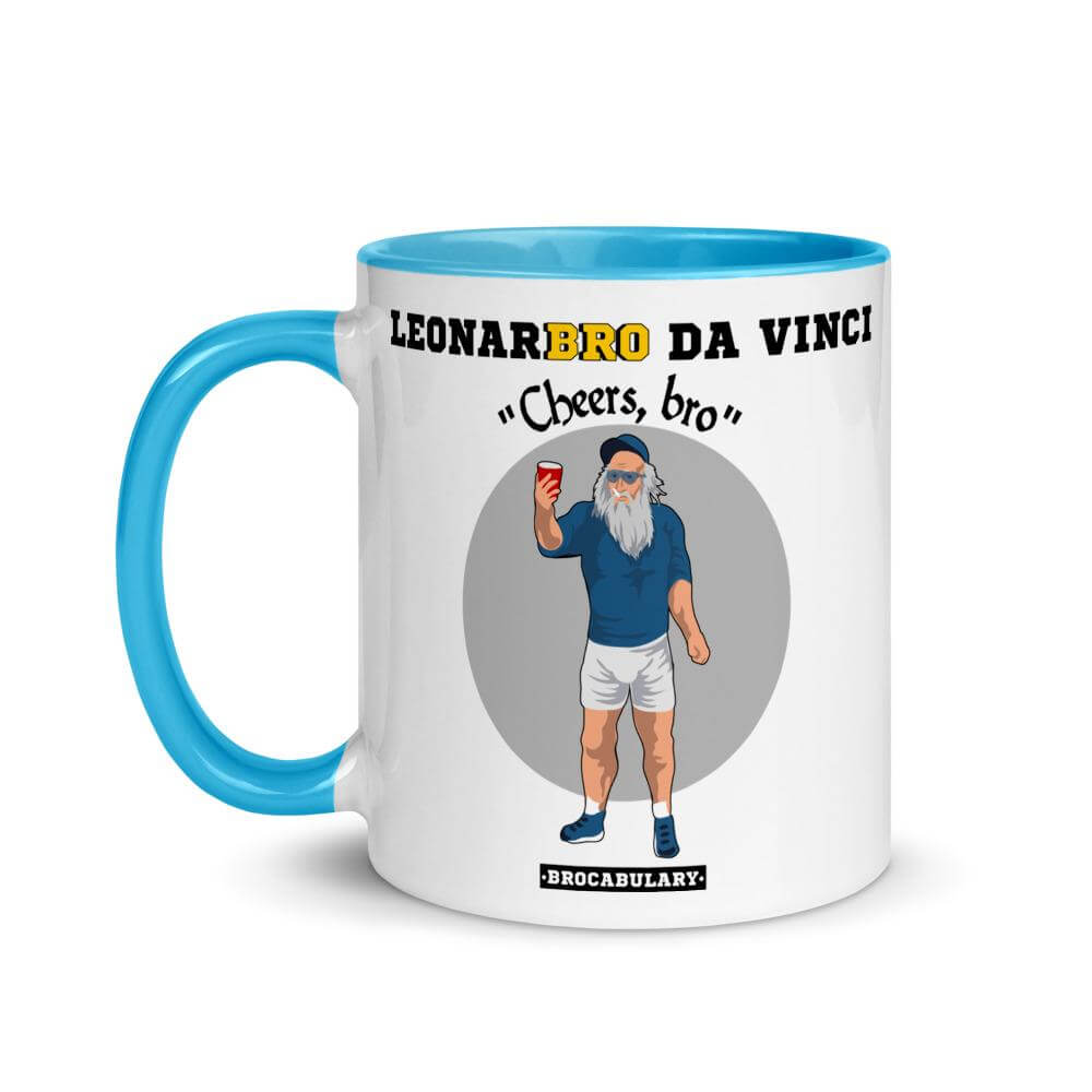 Meme Coffee Mug for Bros - LeonarBRO da Vinci Cheers Bro - Blue